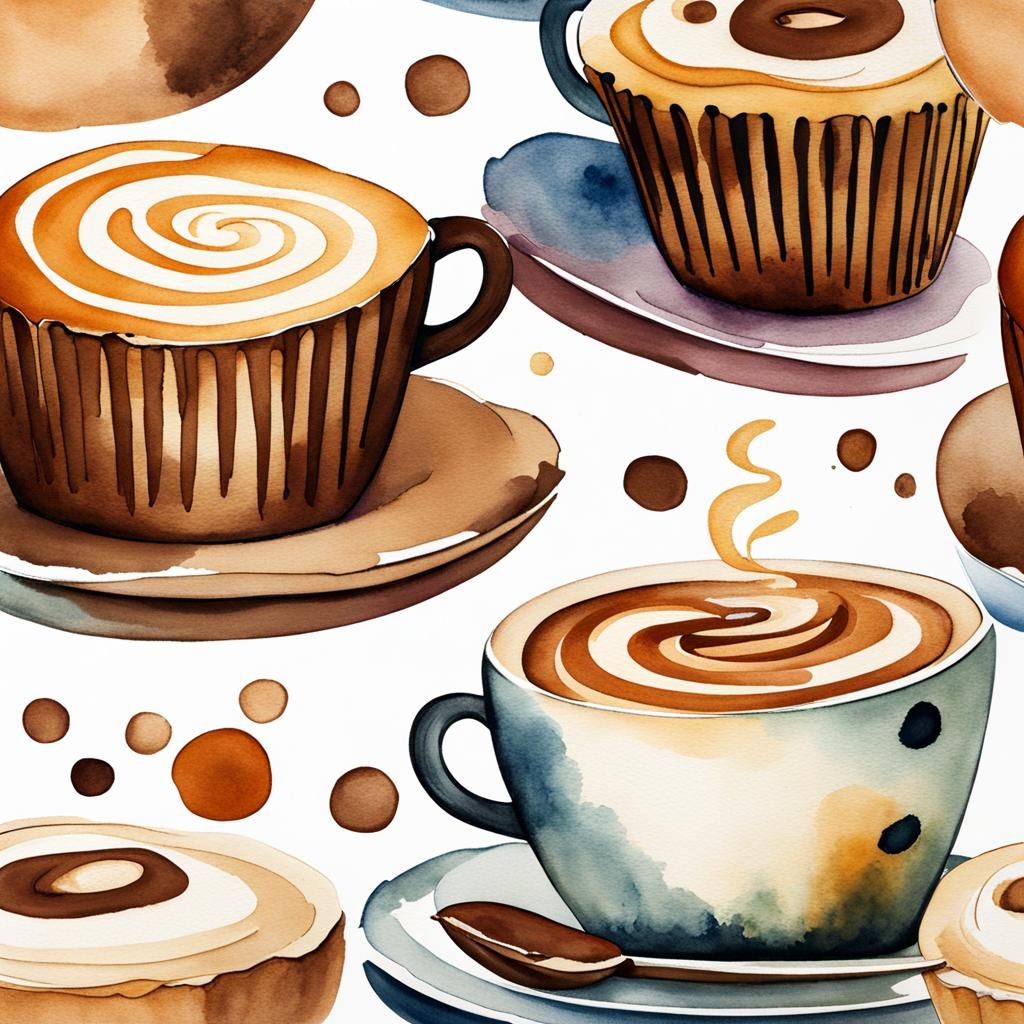 Cappuccino, Muffins, and Coffee Beans in Watercolor Style