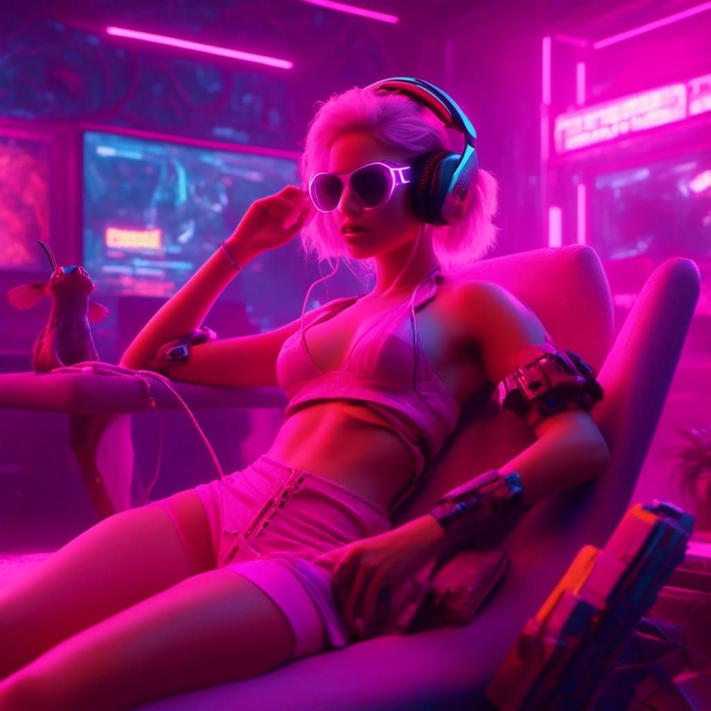 Blonde Woman Relaxing in Cyberpunk Neon