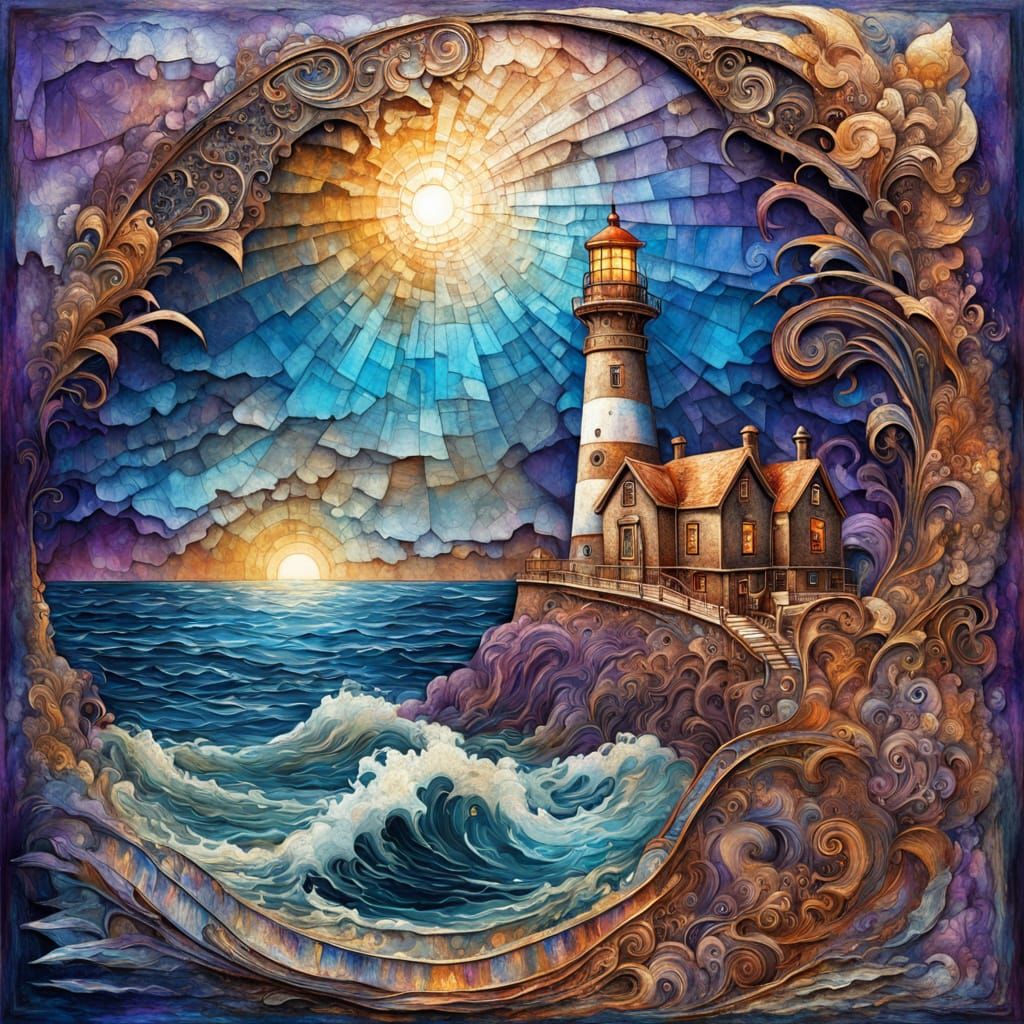 Surreal Copper Patina Seascape with Ornate Lighthouse