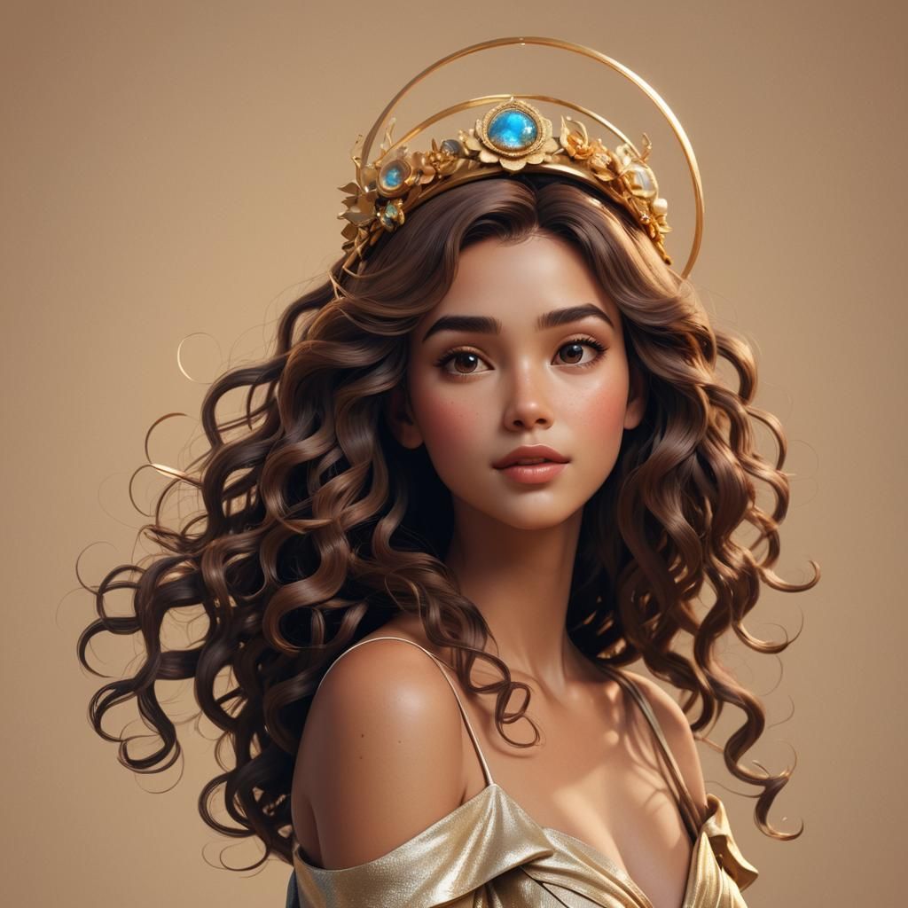 Haloed Woman with Flowing Hair: 3D Digital Art