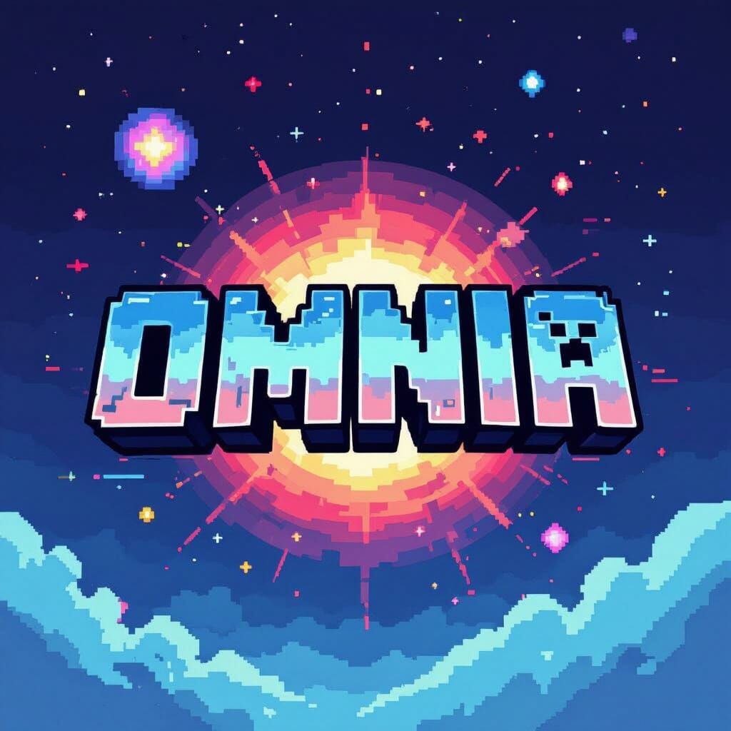Omnia Space Minecraft Logo in Pixel Art Style