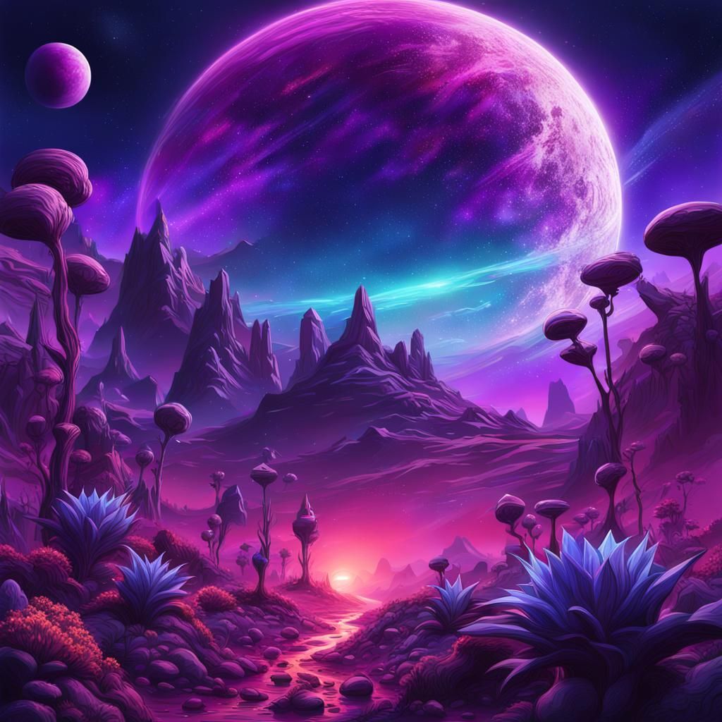 Hyperrealistic Alien Planet Night with Purple Plants