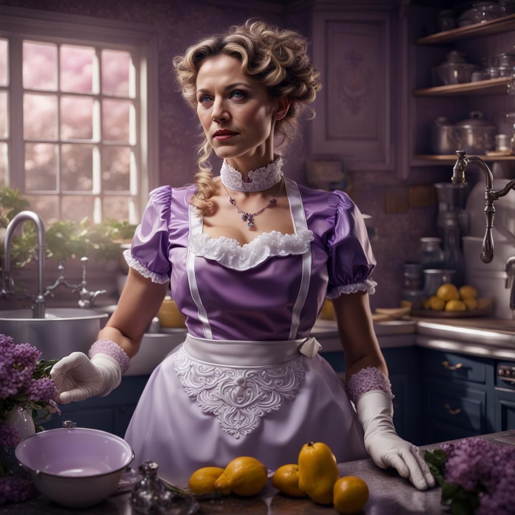 Woman in Lilac Maid Outfit Washing Dishes