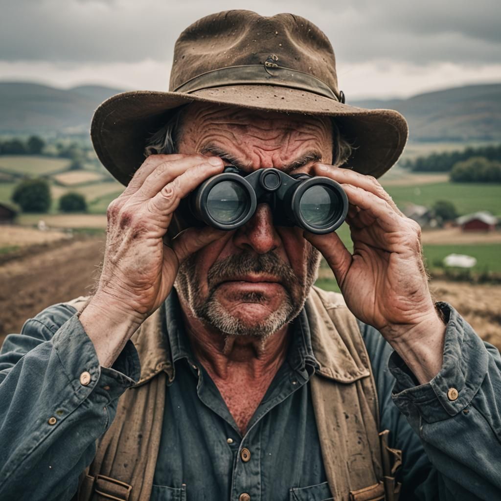 Distressed Farmer Clutching Chest with Binoculars