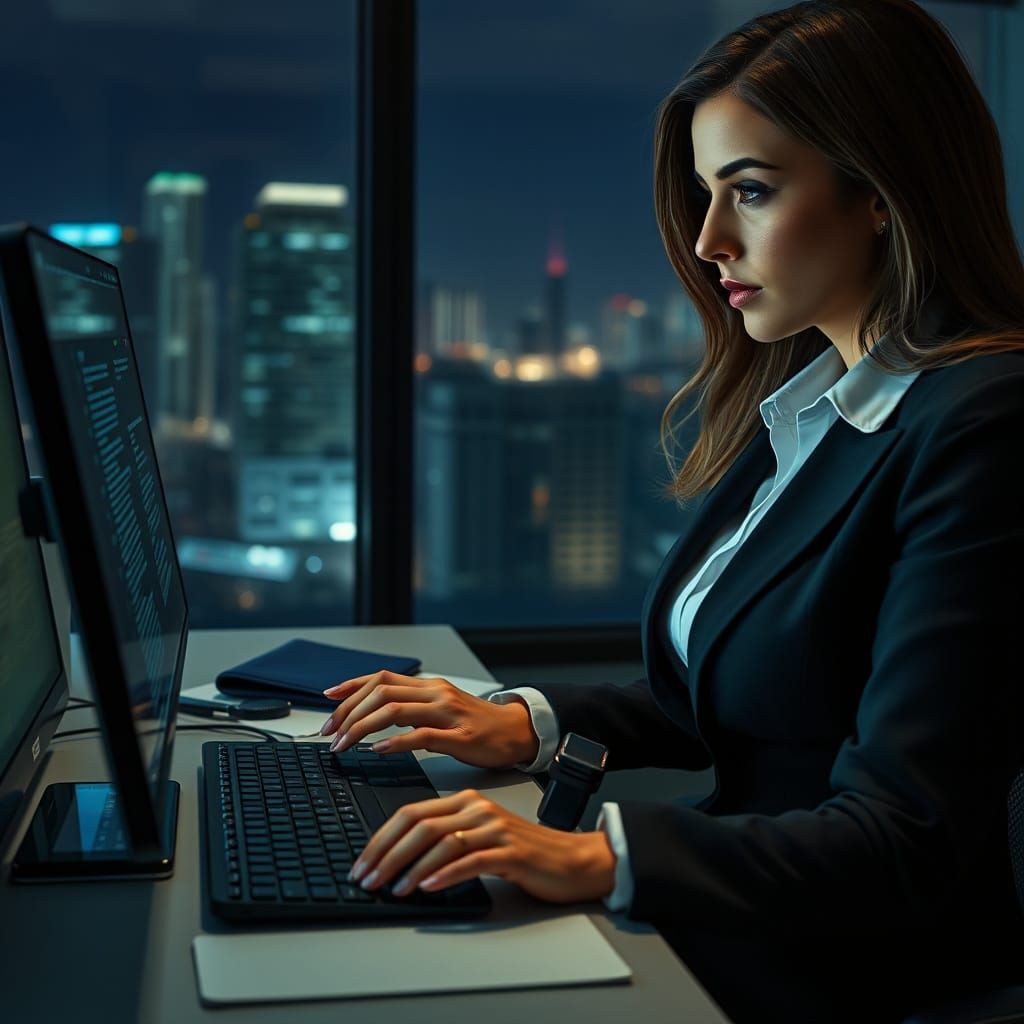 Businesswoman Sharing Screen in High-Tech Office