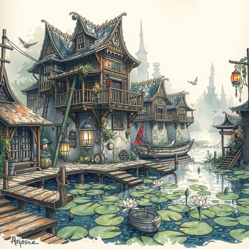 Mystical Fishing Village on Lily Pads in Anime Style