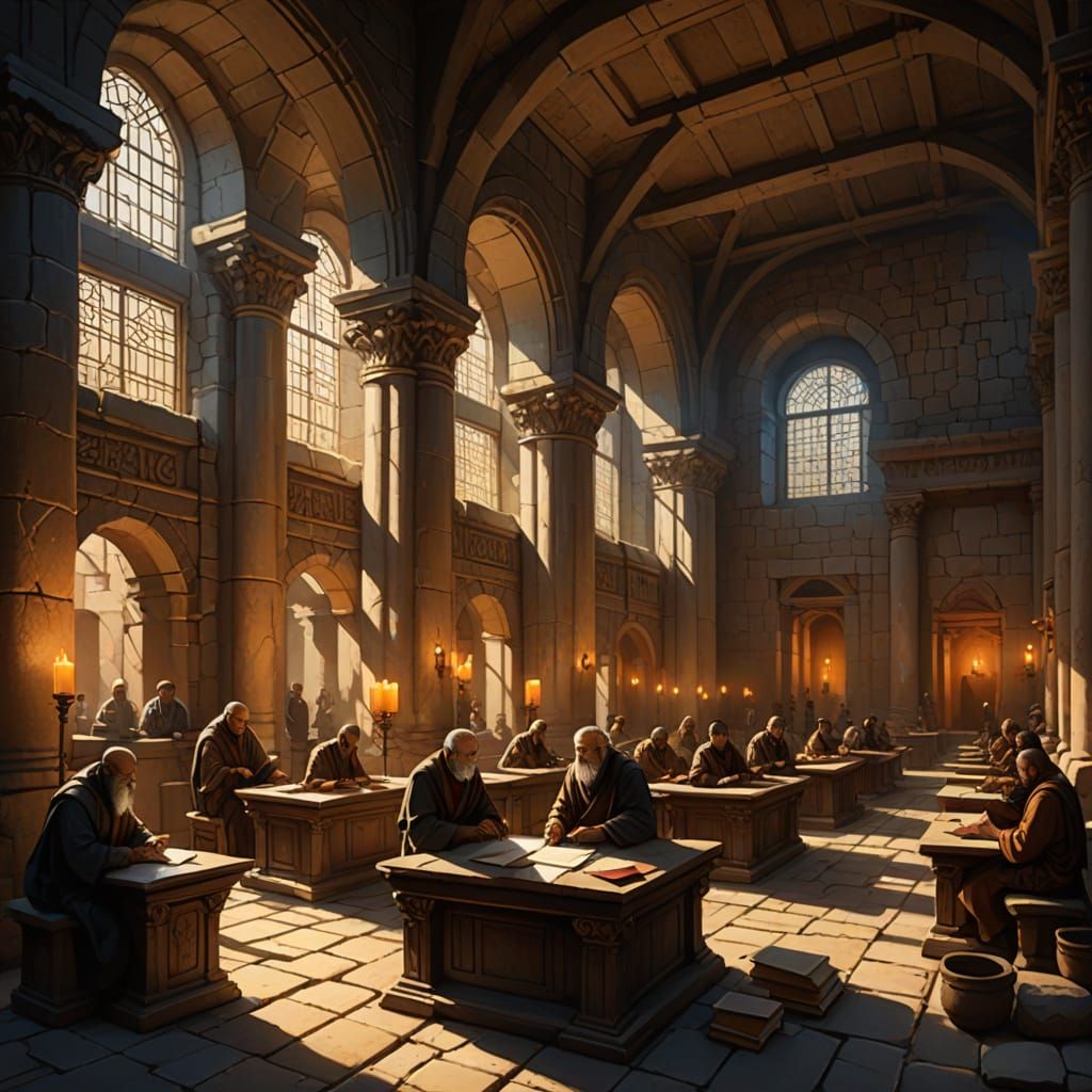 Ancient Scholars in Stone Chamber with Golden Hour Light