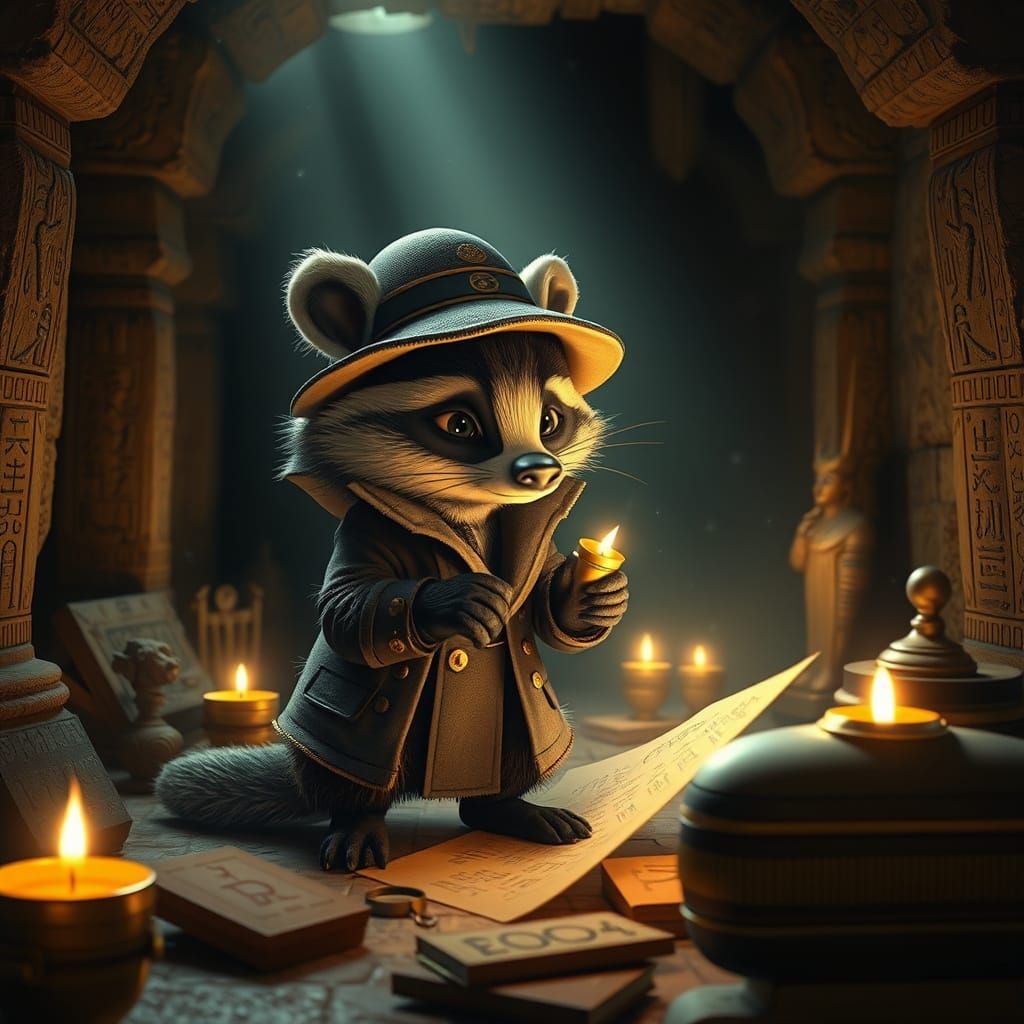 Anthropomorphic Badger Detective in Egyptian Tomb