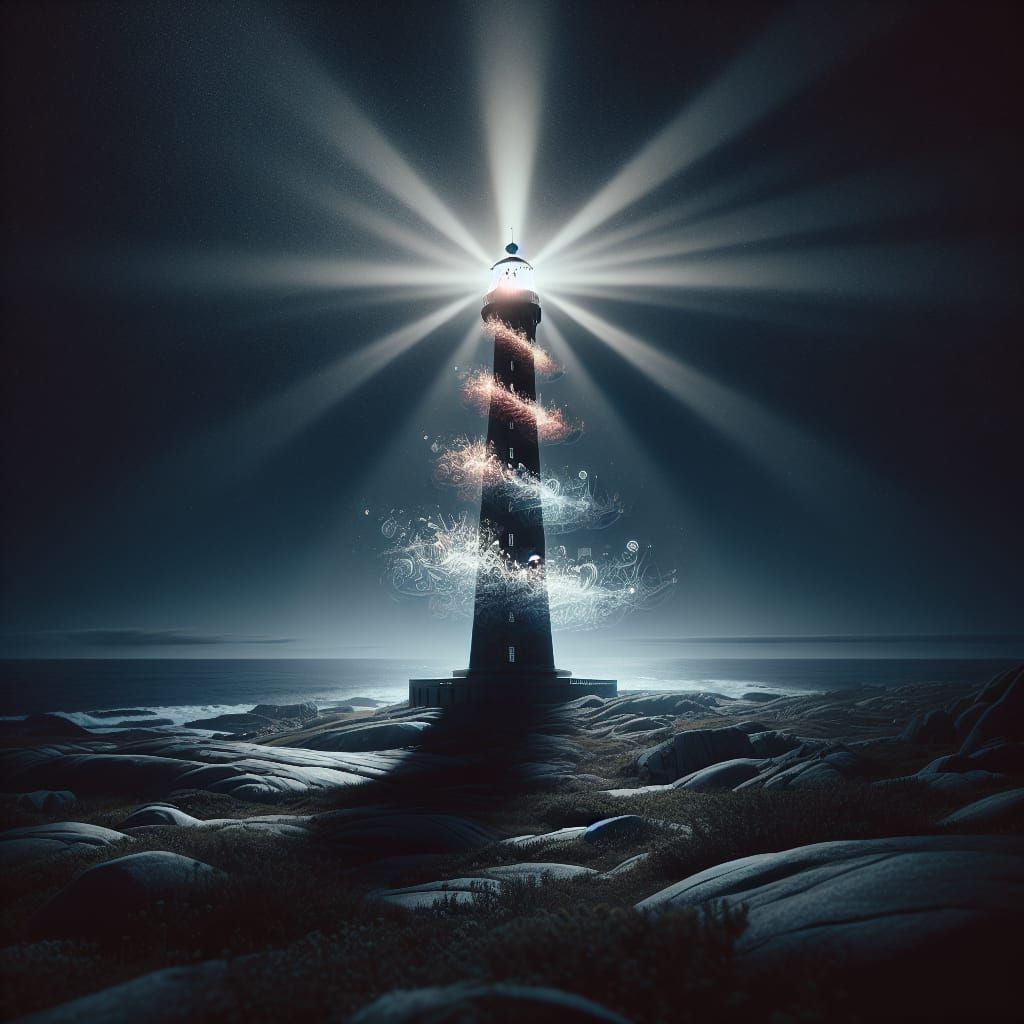 Lighthouse Emitting Dreams on Rocky Beach at Night