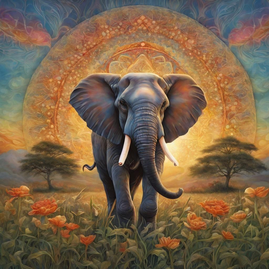 Elephant in Sunset Field: Visionary Kaleidoscope Art