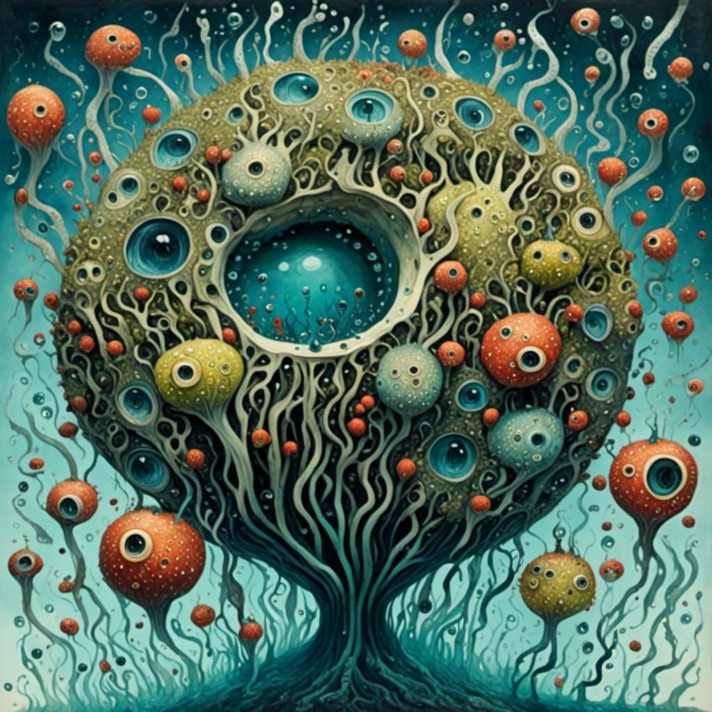 <lora:CreepyWaterCritters:1.0> scary germ colony. surrealism, germs inside water drops, dark fantasy, maximalist, zentan...