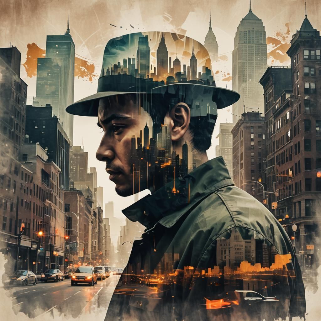 Detective Boy Double Exposure Cityscape Artwork