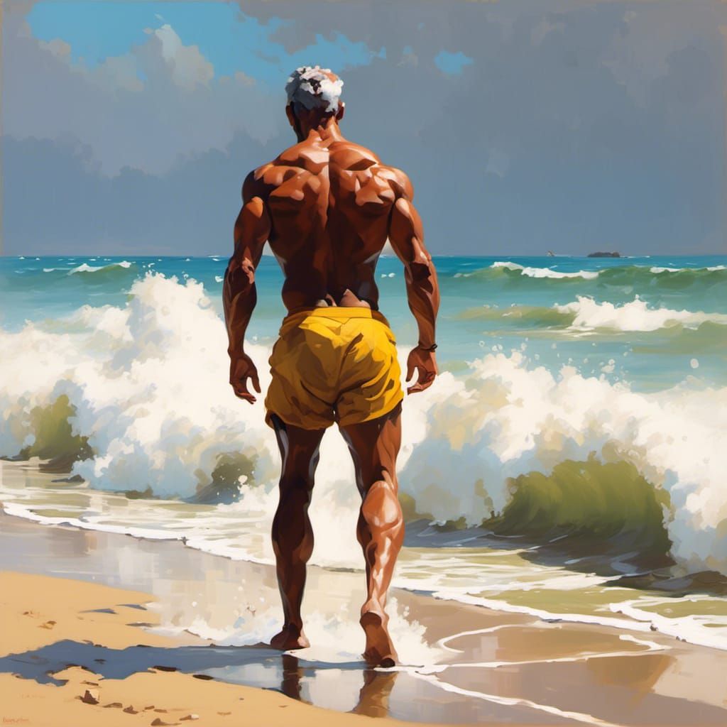 Classical Realism: Muscular Man Showering on Beach