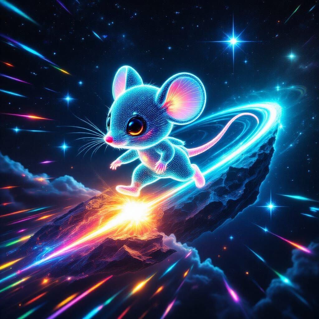 Aqua Chibi Mouse of Lasers on Meteor in Deep Space