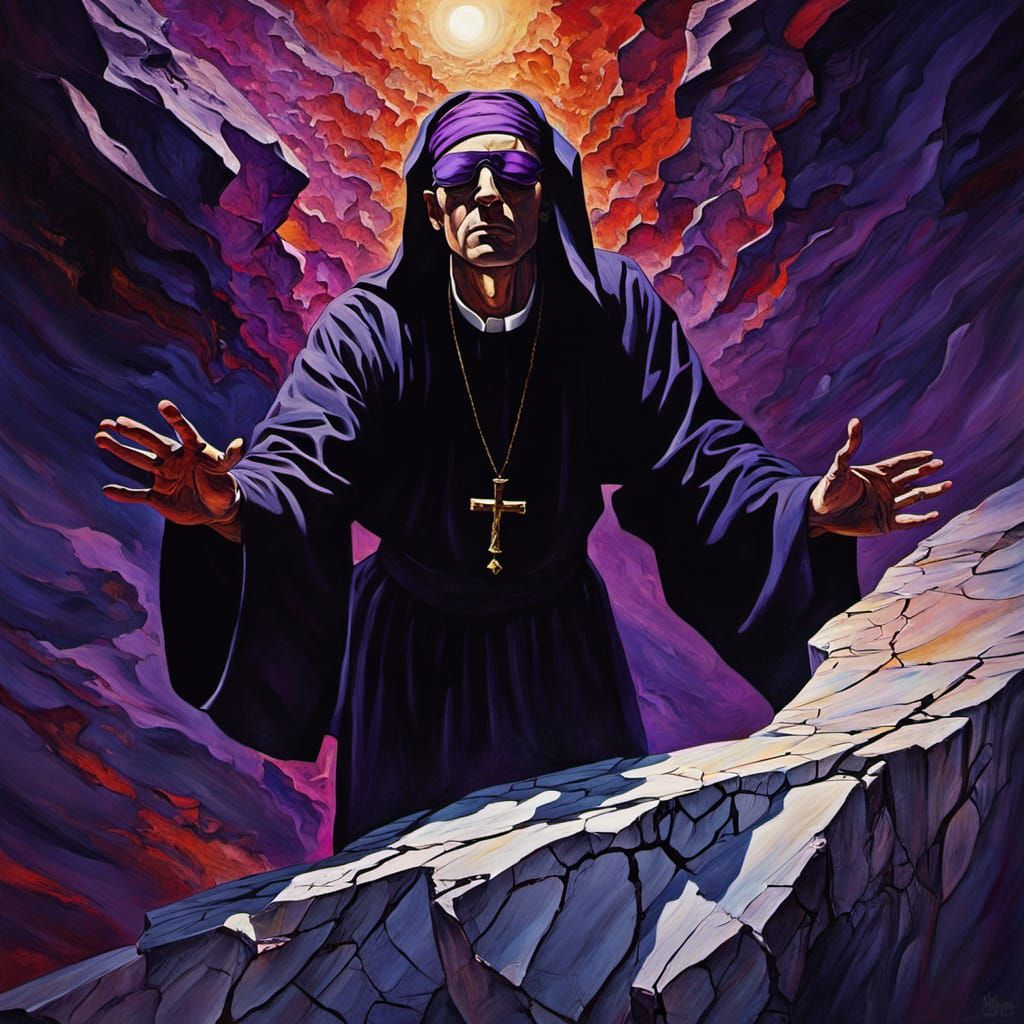 Surreal Floating Priest in Fauvist Style Chapel