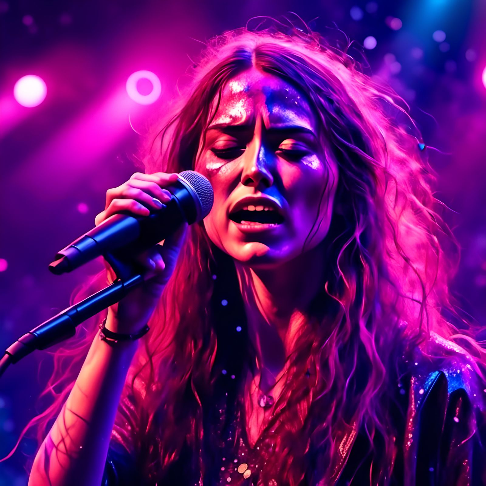 Rockstar Woman Performing Heavy Metal in Neon Light