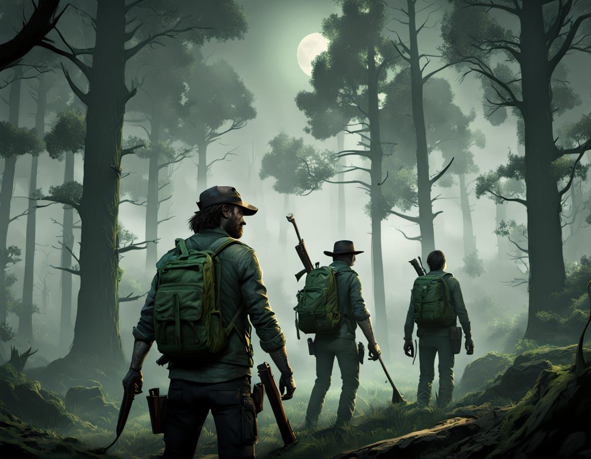 Survivors in a Dark Forest: Gritty Comic Book Illustration