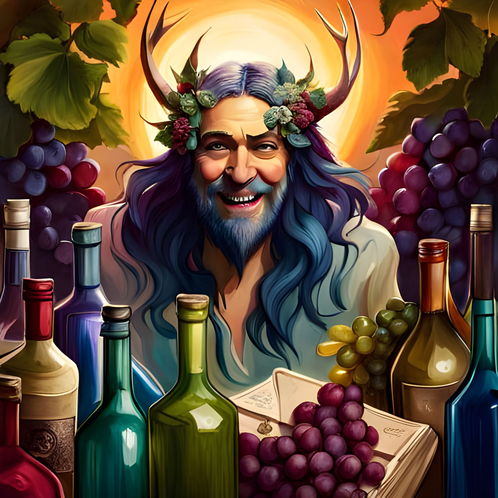 Laughing Dionysus with Wine and Grapes in 3D