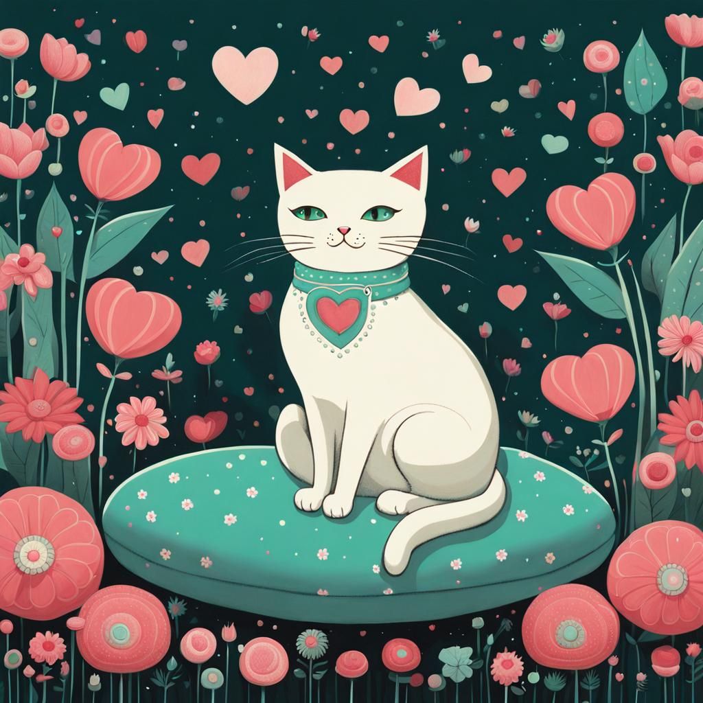 Cute Cat Surrounded by Flowers in Pop Surrealist Style