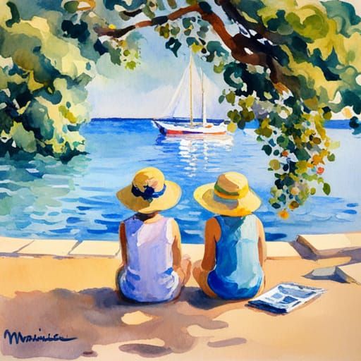 Impressionist Toddlers Watching Boats, Watercolor Painting