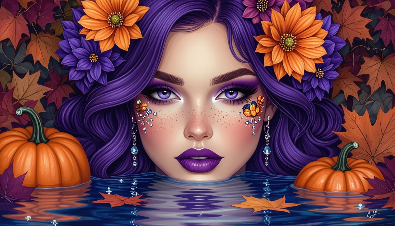 Purple-Haired Woman with Flowers in Water, Realistic Violet ...