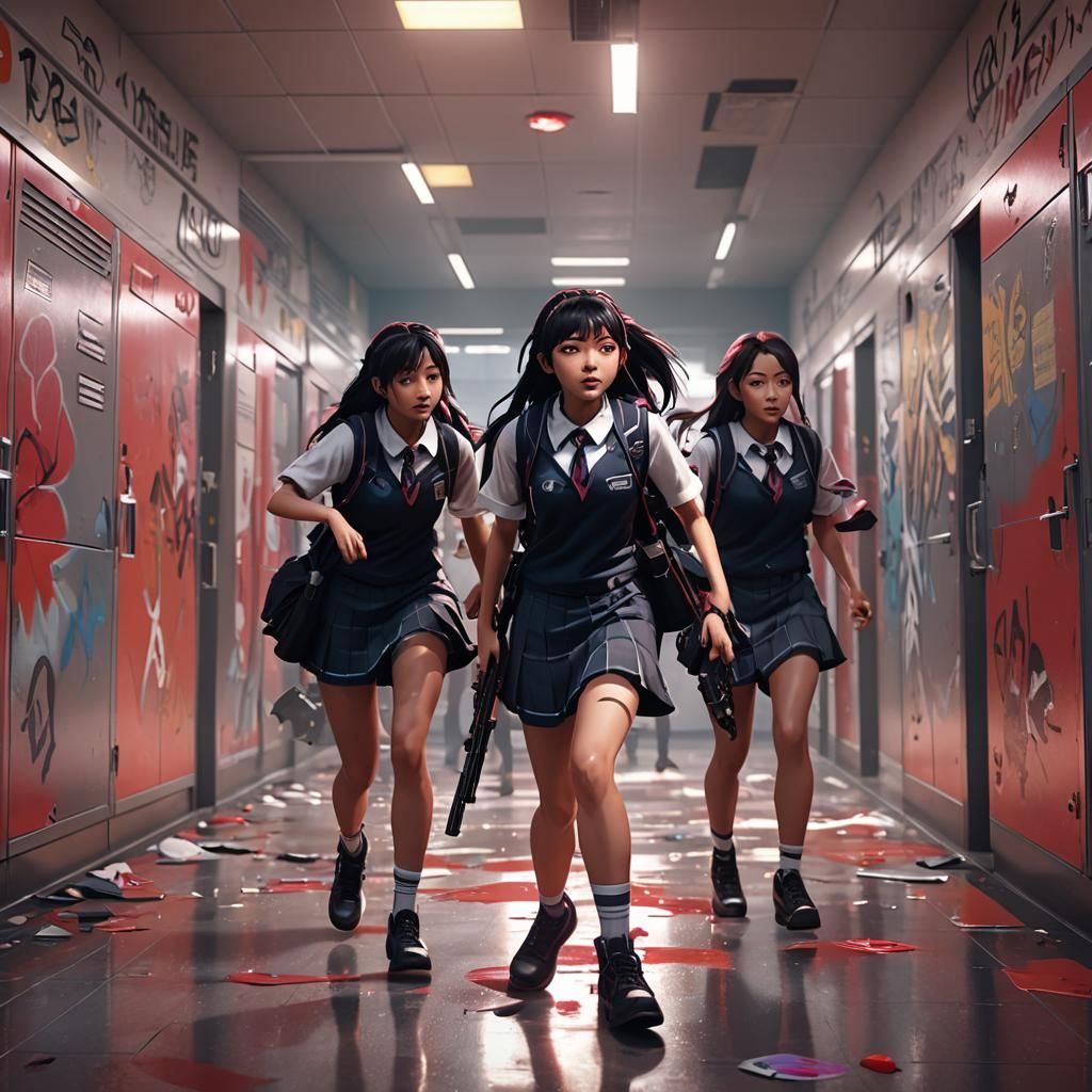 Bang Wa Cherry Schoolgirl Performance in Sci-Fi Hallway