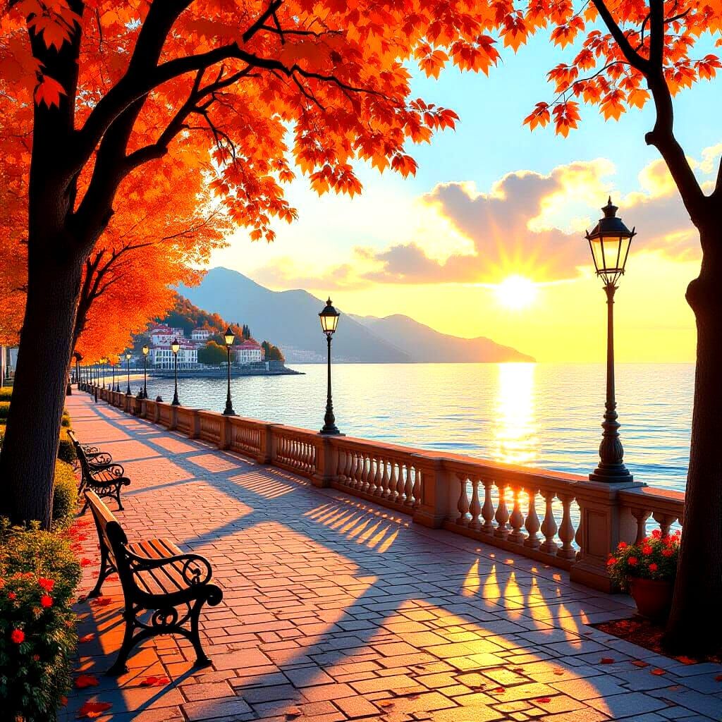 Autumn Seaside Promenade with Calm Sea and Gentle Sun