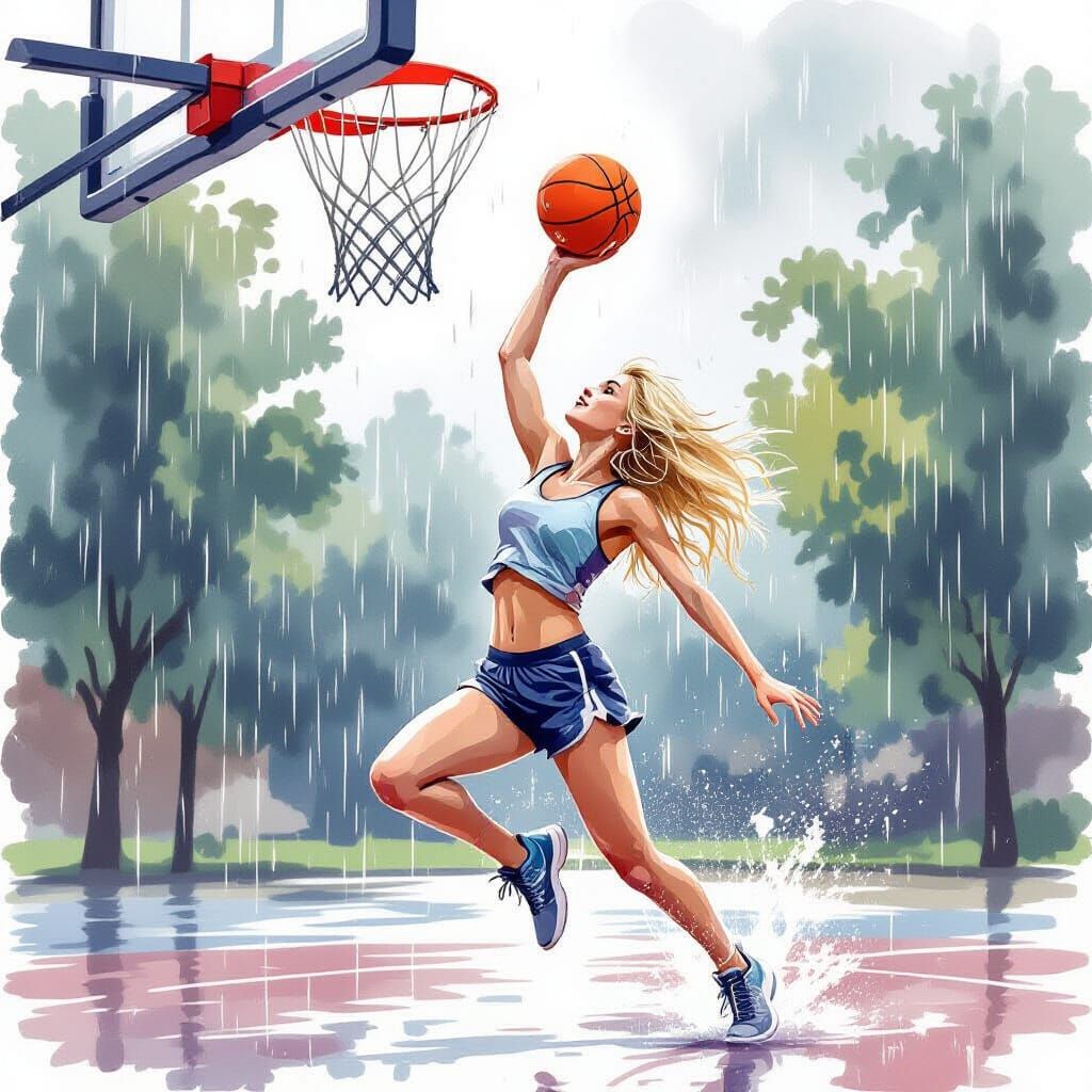 Woman Dunking Basketball in the Rain, Watercolour Style
