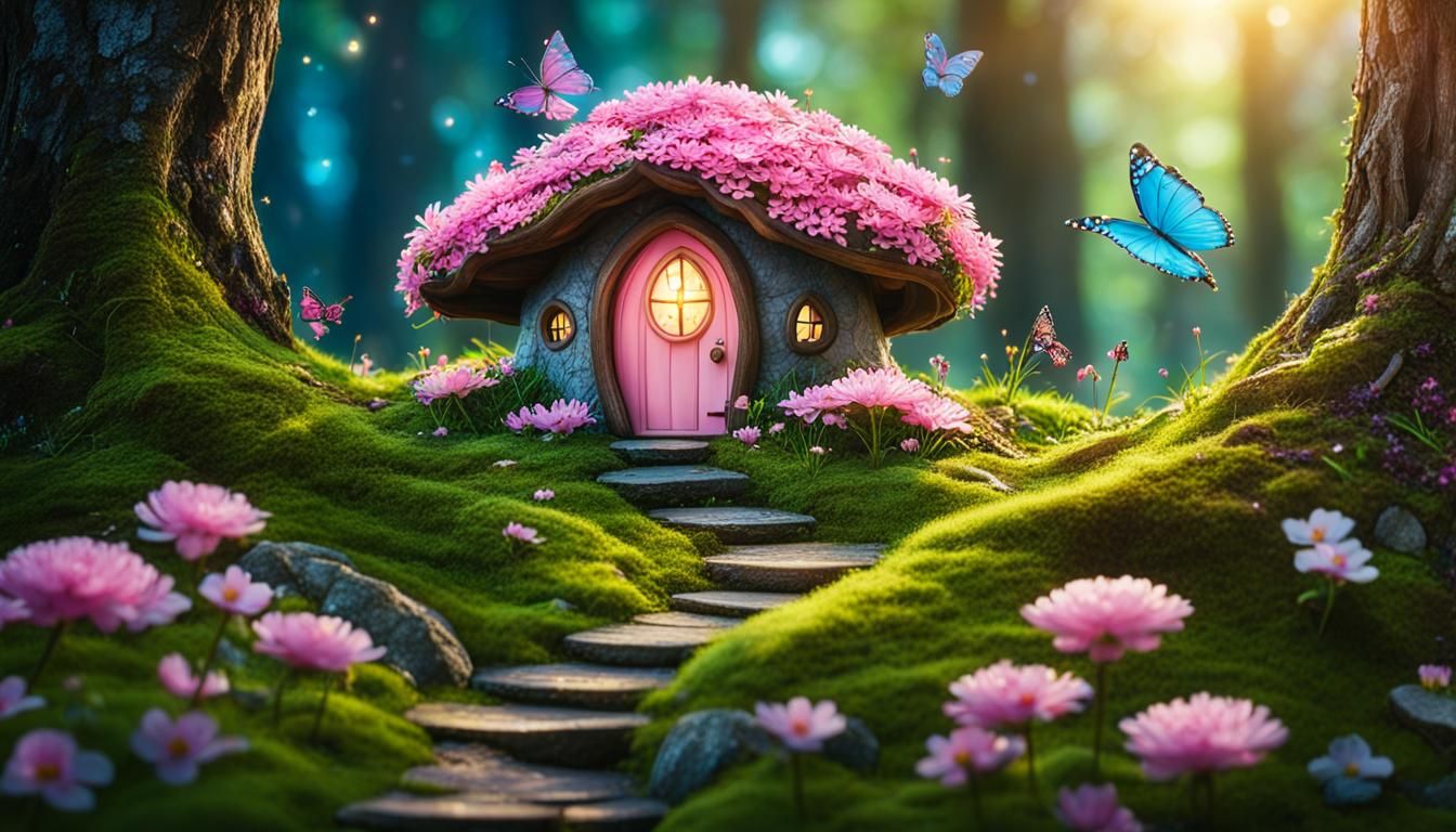 Enchanted Spring Forest with Fairy House in Kawaii Style