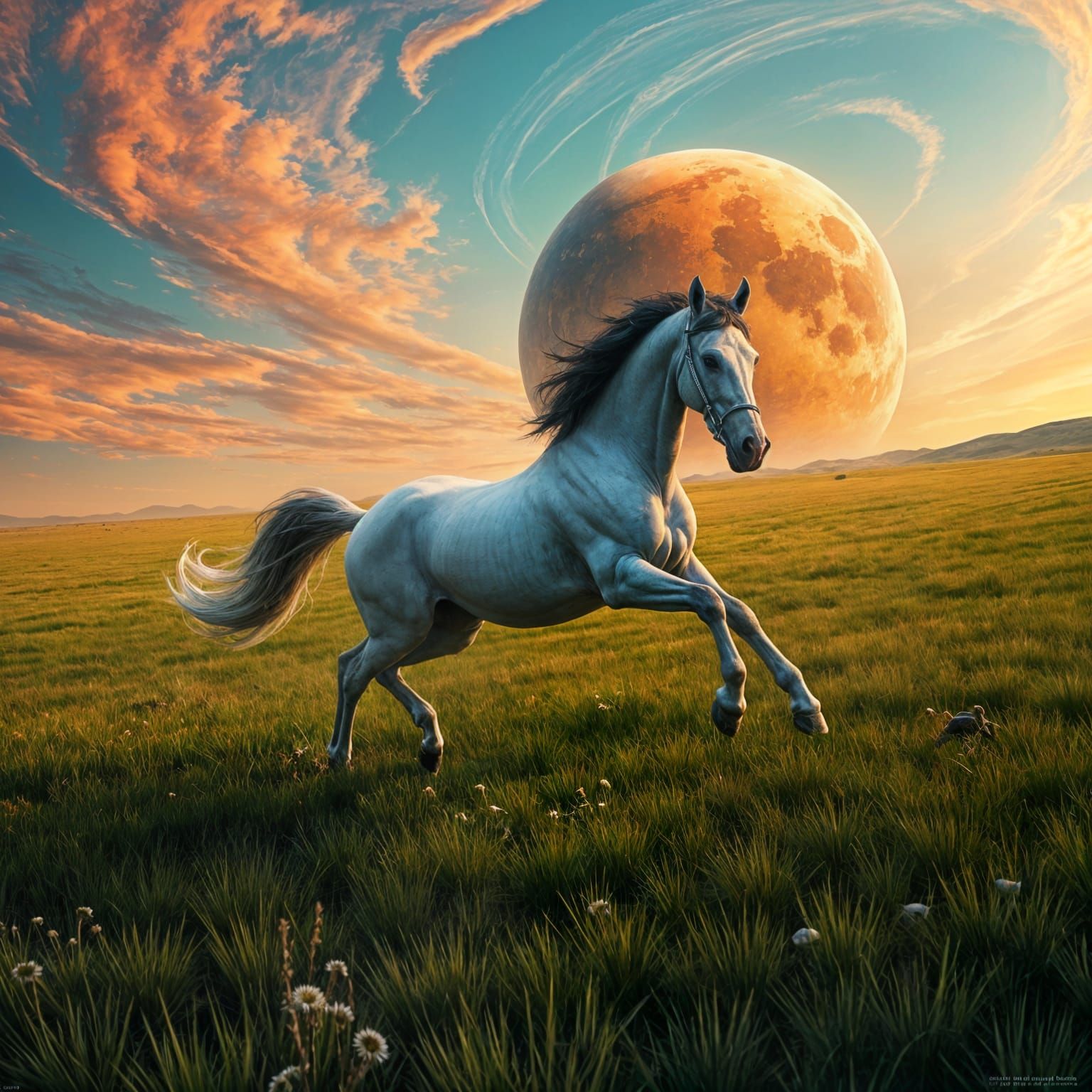 Majestic Horse Gallops Across Vibrant Landscape Towards Dist...