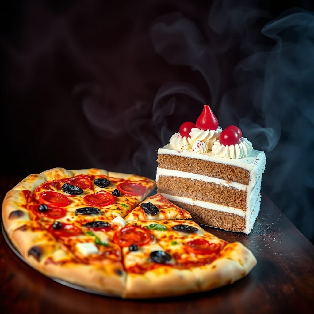Moody Pizza and Cake Masterpiece in Hyperrealistic Style