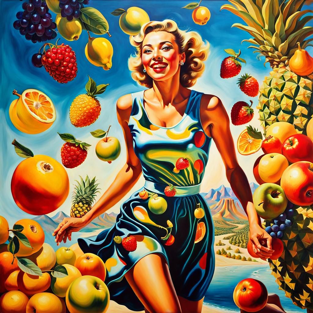 Surreal Pin-Up with Fruits, Hyperrealistic Oil Painting