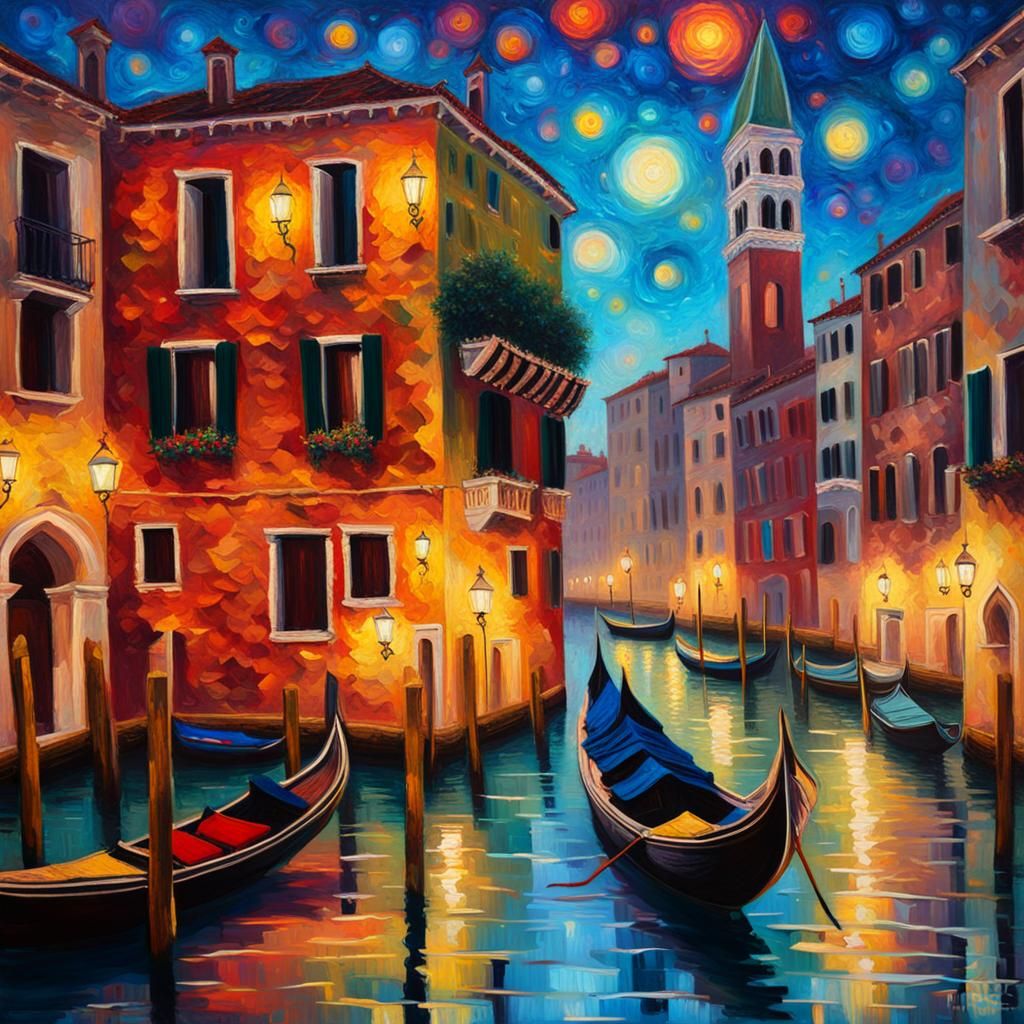 Venice Gondola Lights in Neo-Impressionist Style