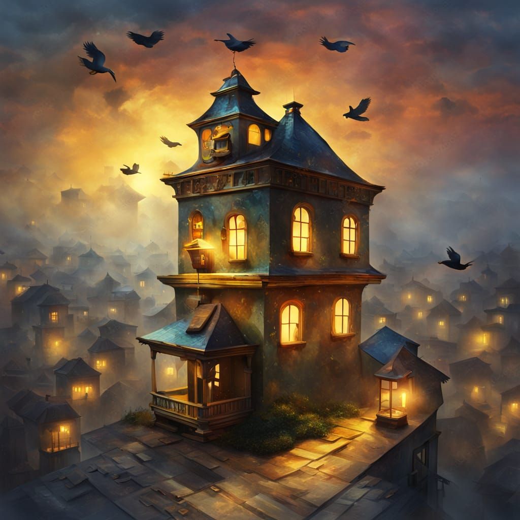 Surreal Birdhouse on City Roof in Dali Style