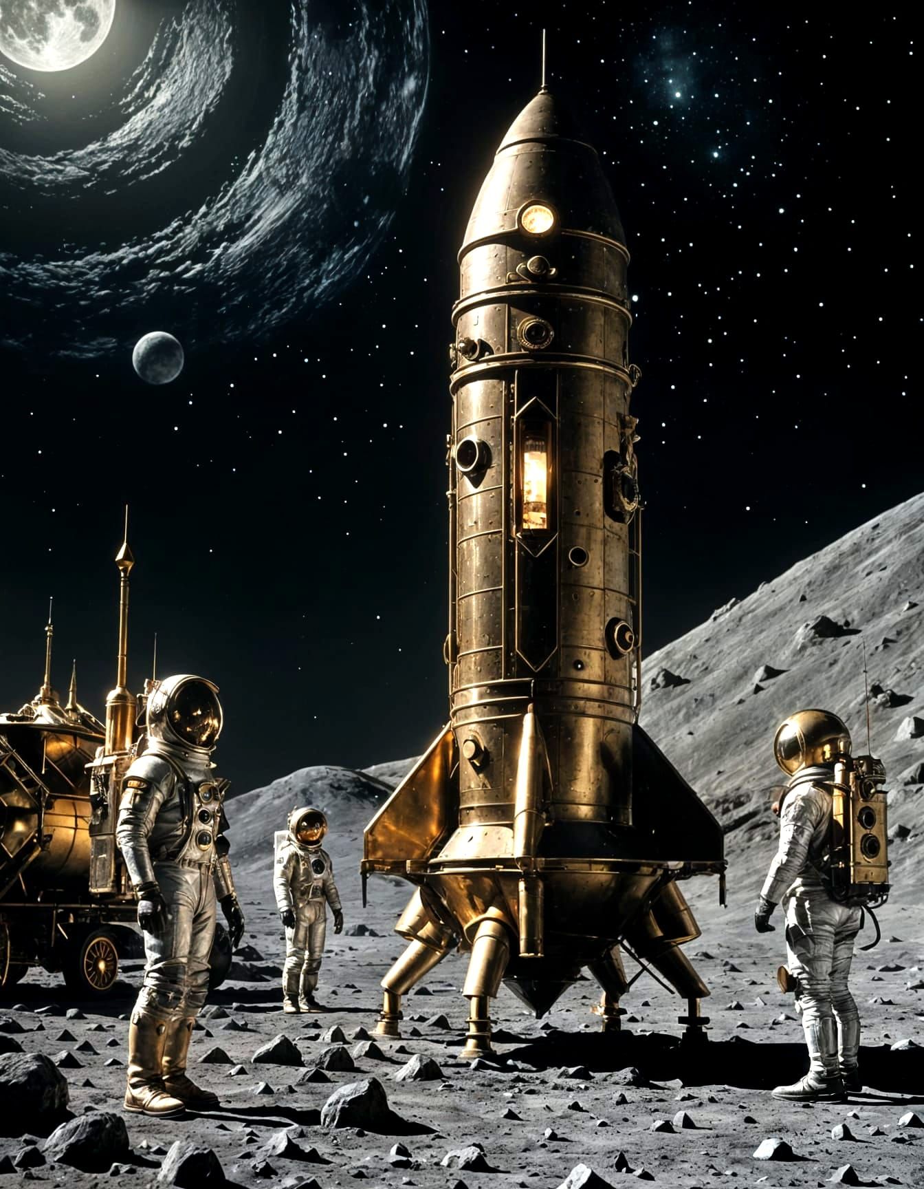 Steampunk Rocket on the Moon in Hyperrealism Style
