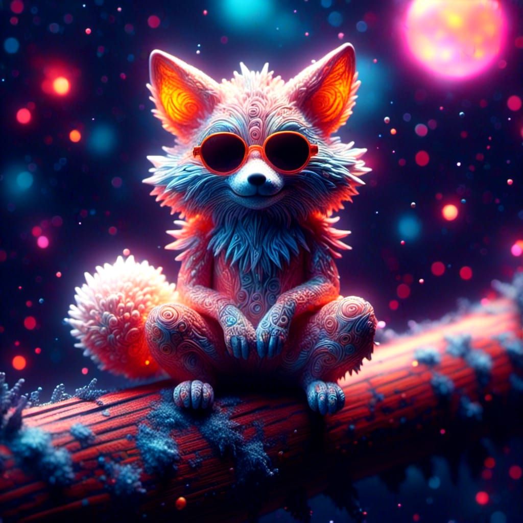 Cute Fractal Fox with Sunglasses in Cosmic Swirls