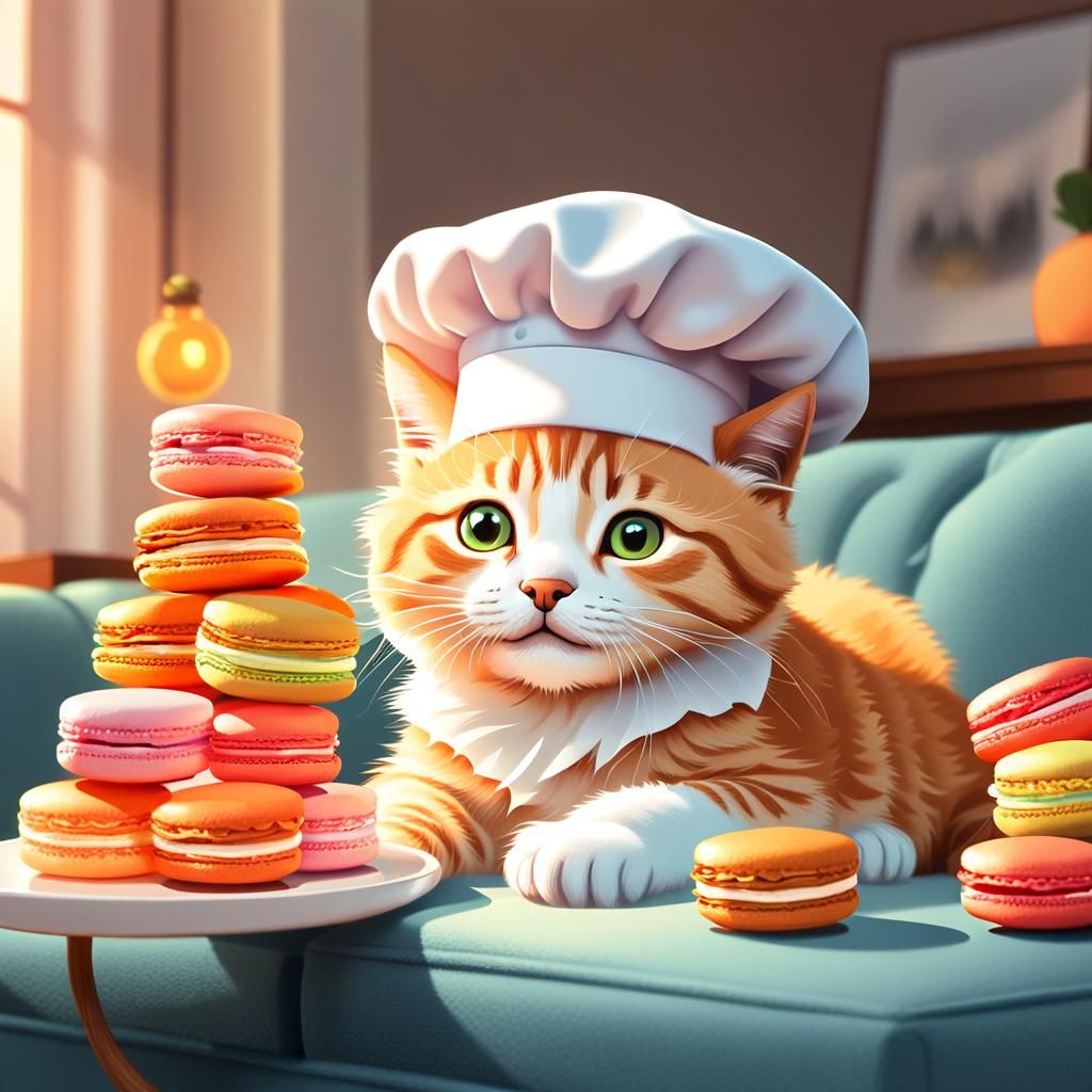 Kitten Chef with Macarons: Playful 3D Digital Art