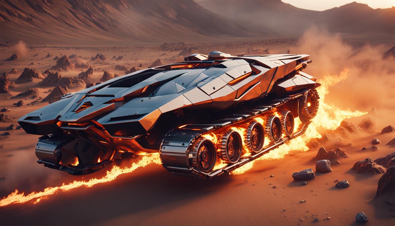 Futuristic Lamborghini Tanks Racing Through a Fiery Desert