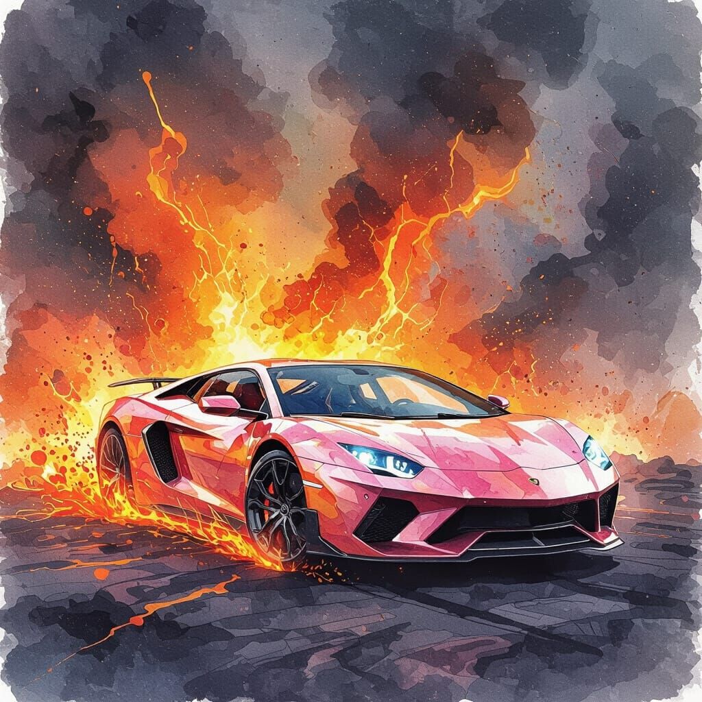 Sports Car in Lava Eruption Watercolor Art