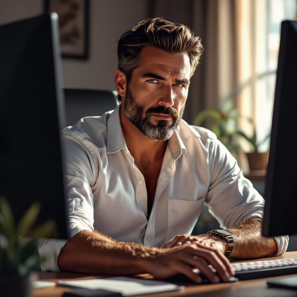 Man at Computer, Realistic Digital Painting