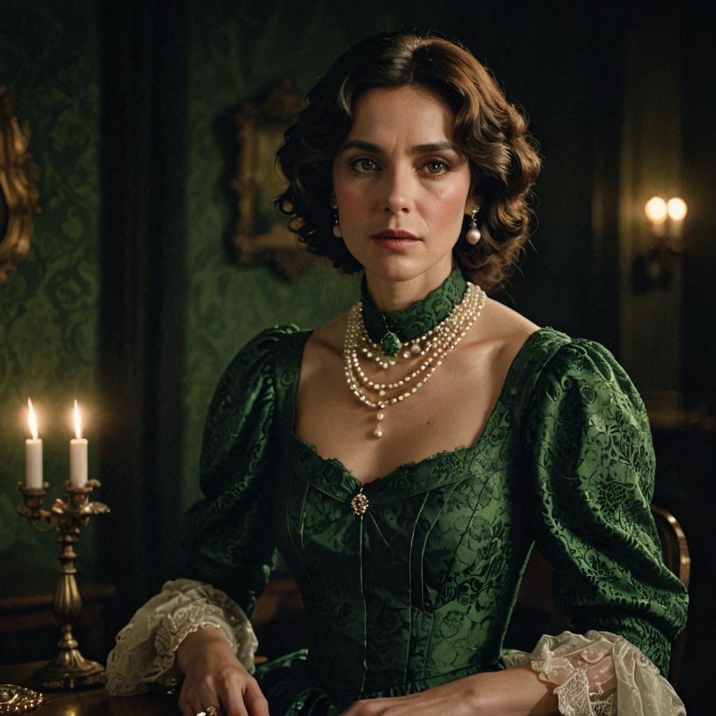 Elegant Woman in Green Dress with Pearl Necklace