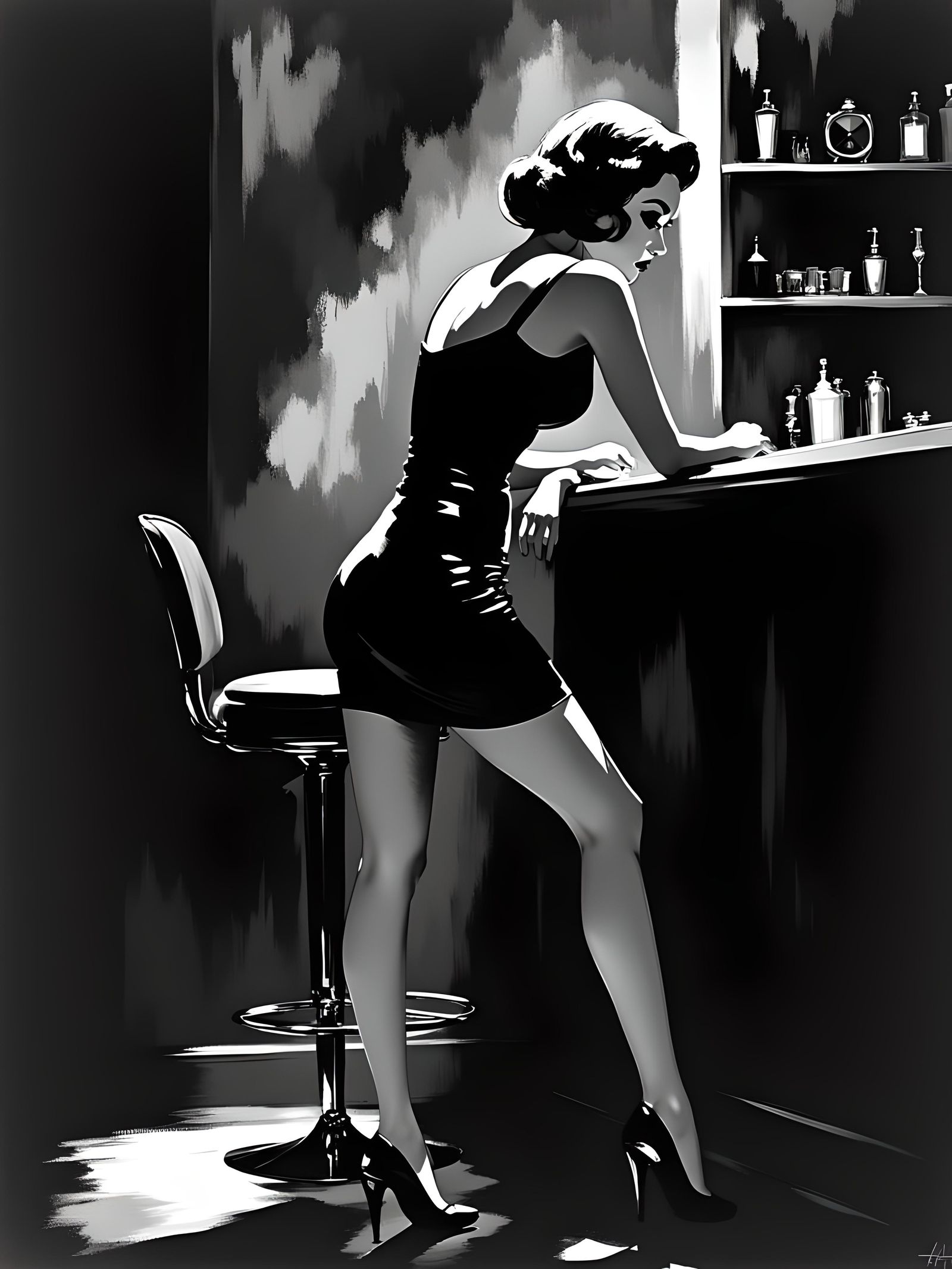 Brunette in Film Noir Style, Impressionistic 1960s