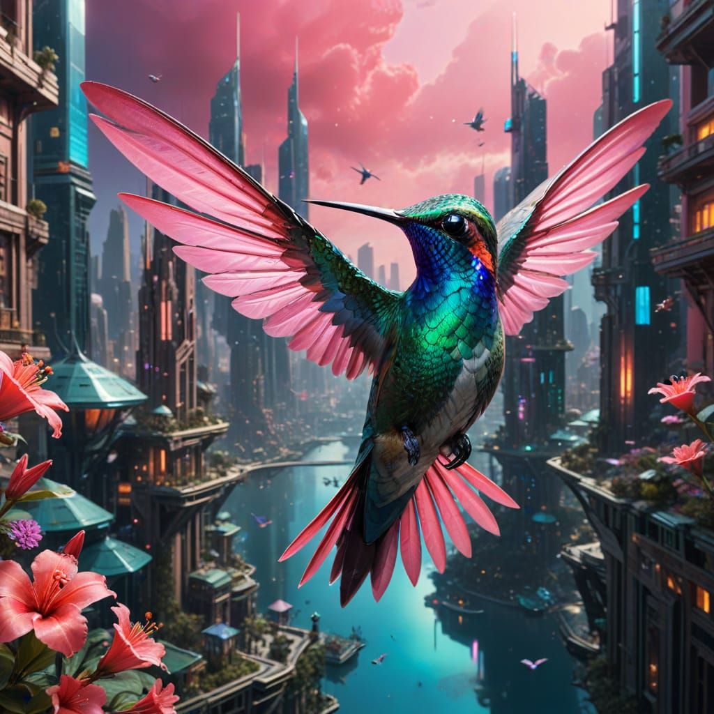 Hummingbird in Flight Before Futuristic Floating City