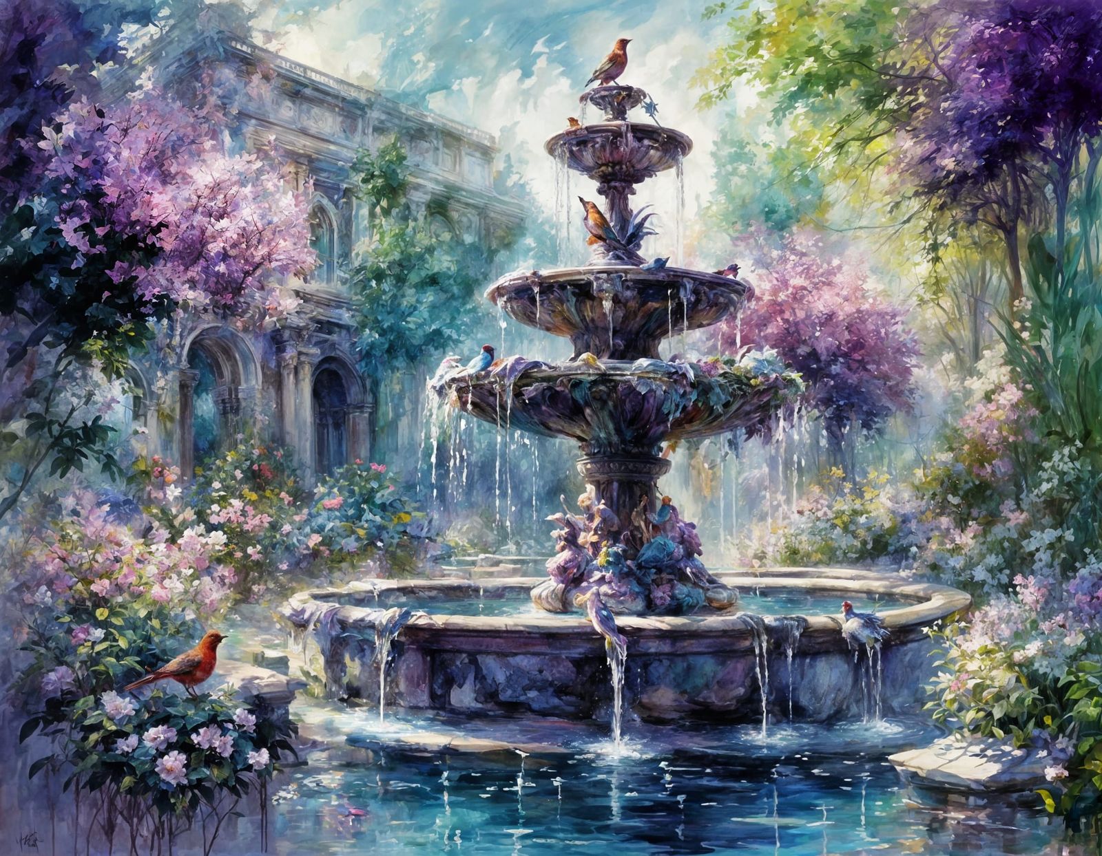 Baroque Fountain in Magical Garden with Birds