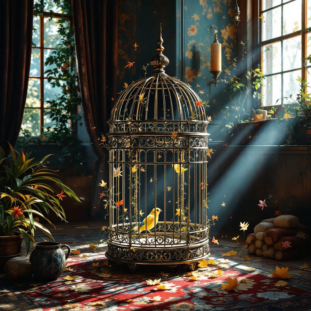 Hyperrealistic Bird Cage in Sunlit Room