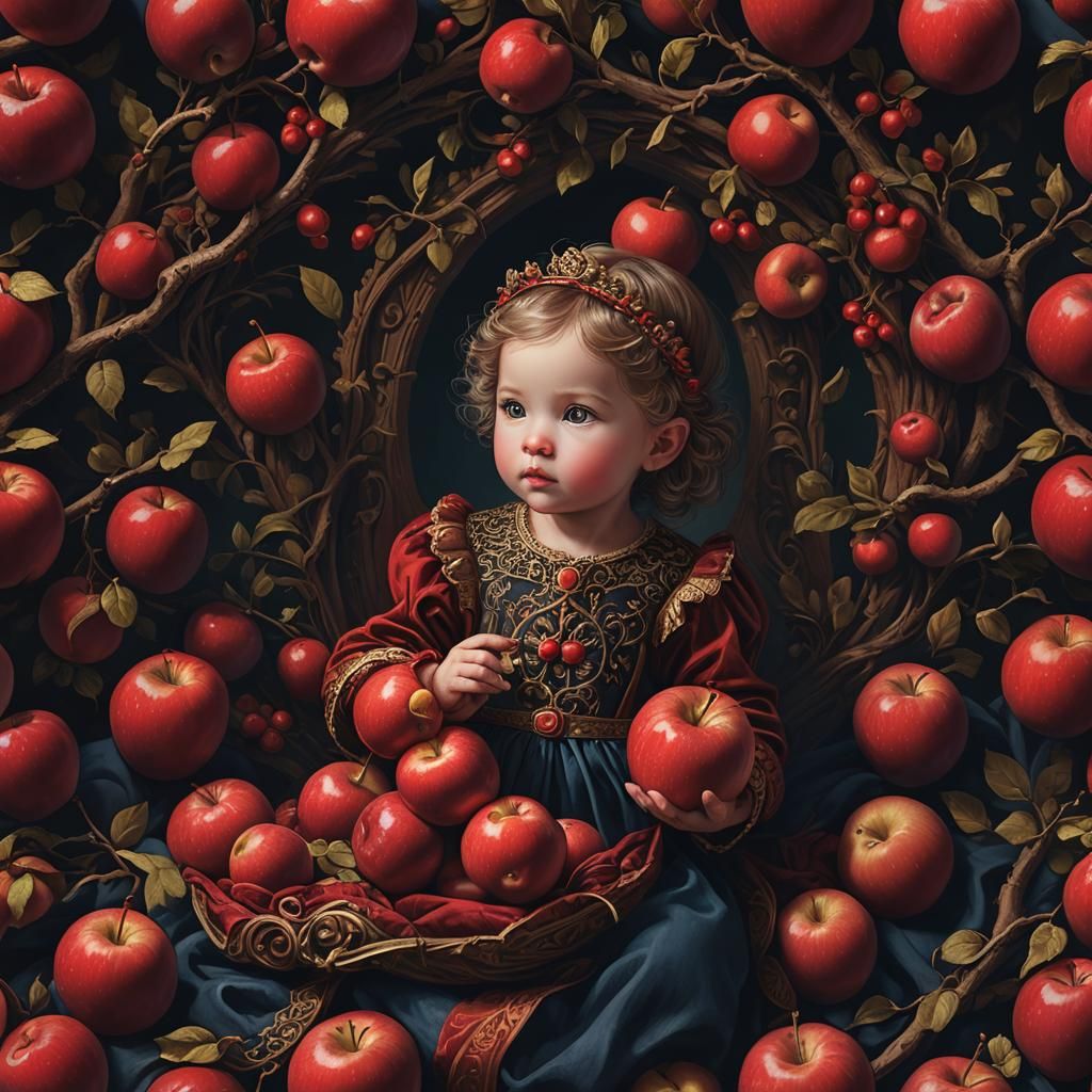 Regal Infant Hands Hold Red Apple: Fantasy Art