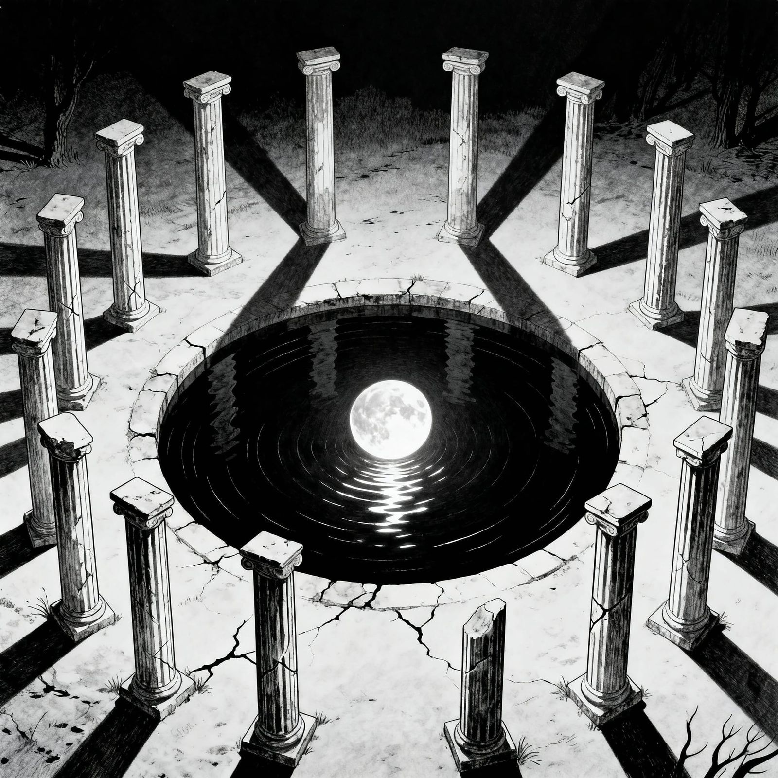 Gothic Illustration of Thirteen Columns and Moonlit Pool