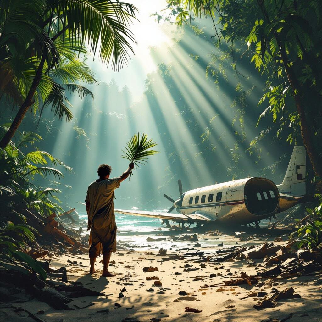 Castaway Signaling for Help Amidst Plane Wreckage