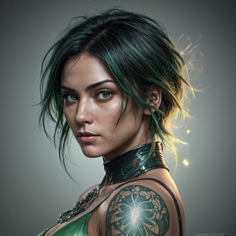 Latina Woman Portrait with Green Hair, Digital Art