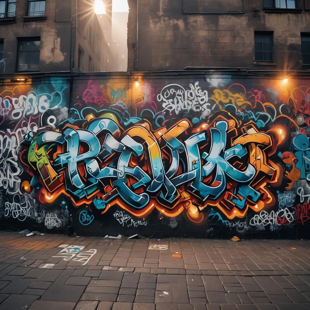 Vibrant Graffiti Art on Empty Street, Hyperrealistic Photogr...